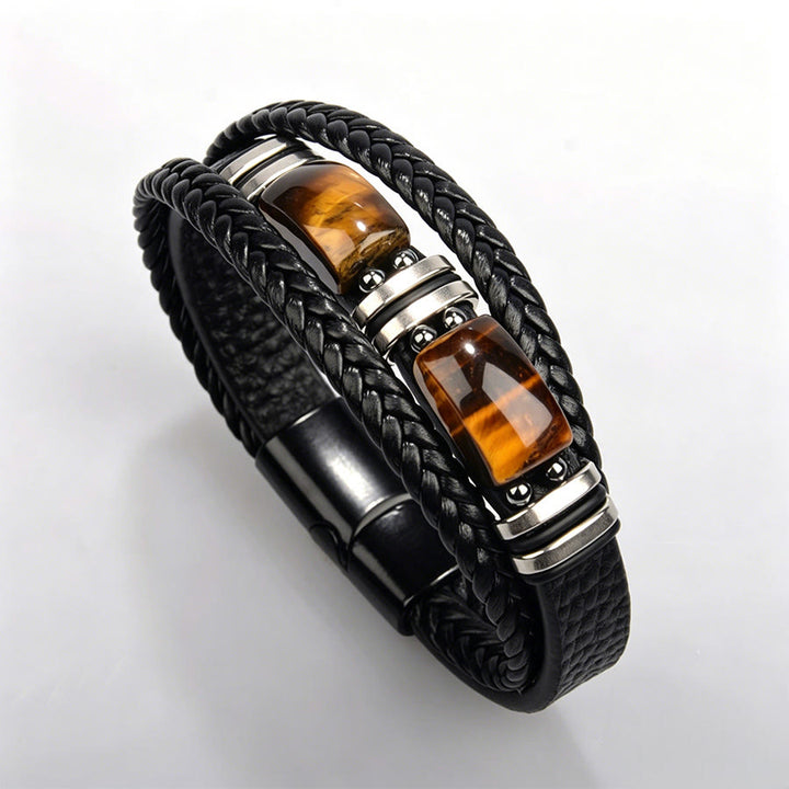 Olivenorma Handcrafted Braided Leather Natural Stone Magnetic Bracelet - Tiger Eye Steel - 9in - image 26