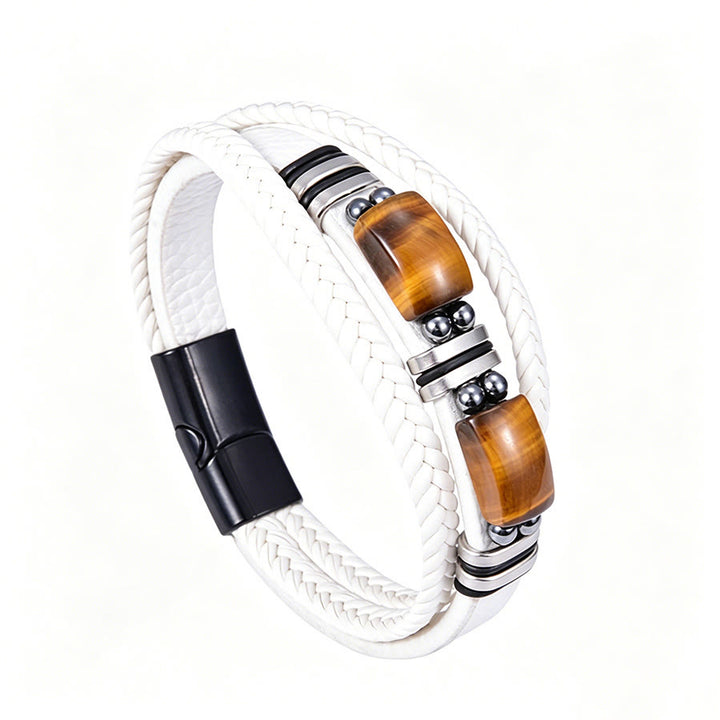 Olivenorma Handcrafted Braided Leather Natural Stone Magnetic Bracelet - Tiger Eye White - 9in - image 25