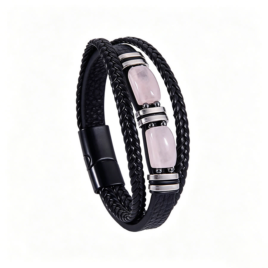 Olivenorma Handcrafted Braided Leather Natural Stone Magnetic Bracelet - Rose Quartz - 9in - image 15