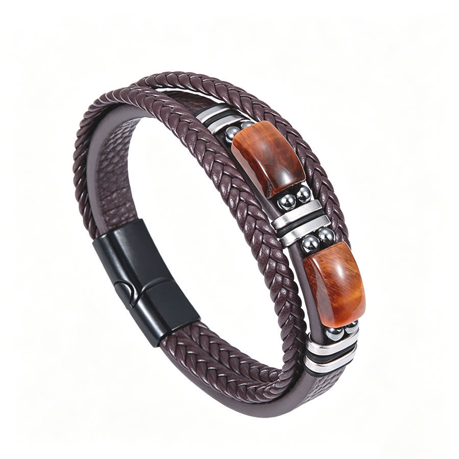 Olivenorma Handcrafted Braided Leather Natural Stone Magnetic Bracelet - Tiger Eye Brown - 9in - image 24