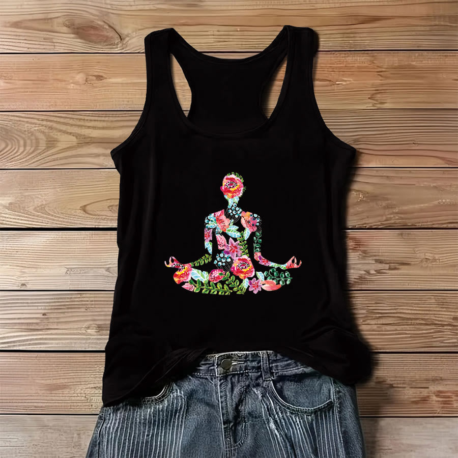 Olivenorma Blooming Calm Watercolor Flower Yoga Pose Women's Tank - Black - 3XL - image 2