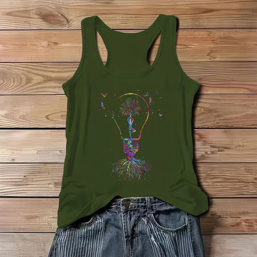 Olivenorma Idea Blooms Here Watercolor Yoga Tree & Lightbulb Women's Tank - Green - 3XL - image 0
