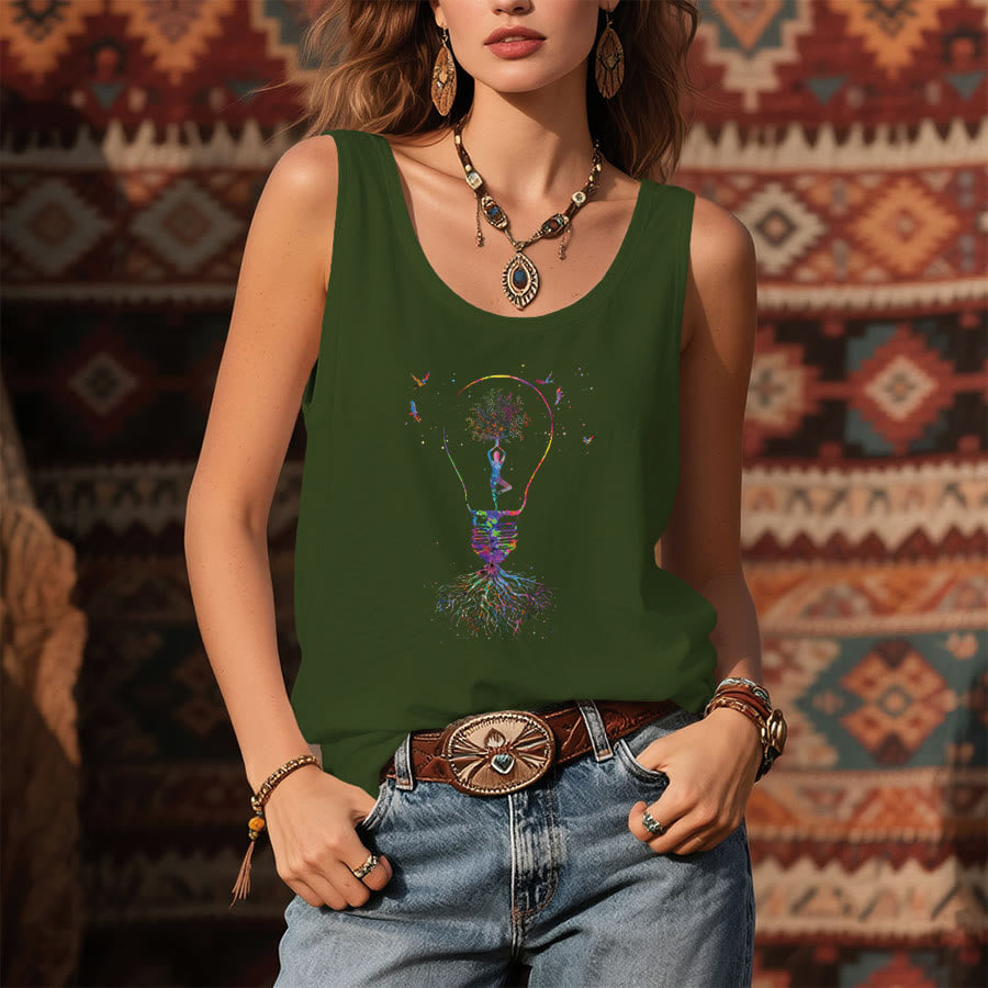 Olivenorma Idea Blooms Here Watercolor Yoga Tree & Lightbulb Women's Tank - image 1