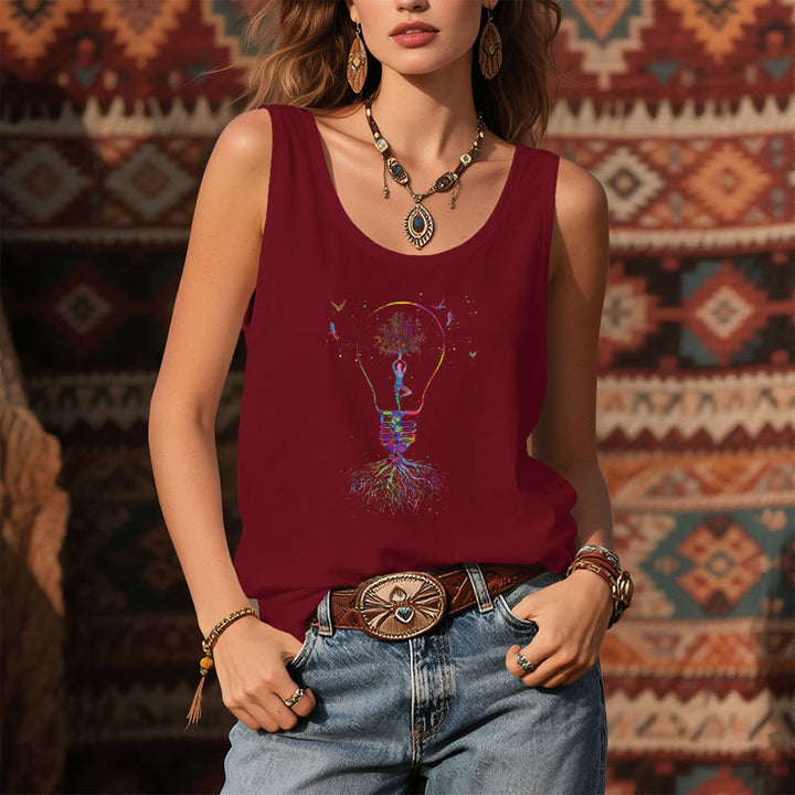 Olivenorma Idea Blooms Here Watercolor Yoga Tree & Lightbulb Women's Tank - image 9