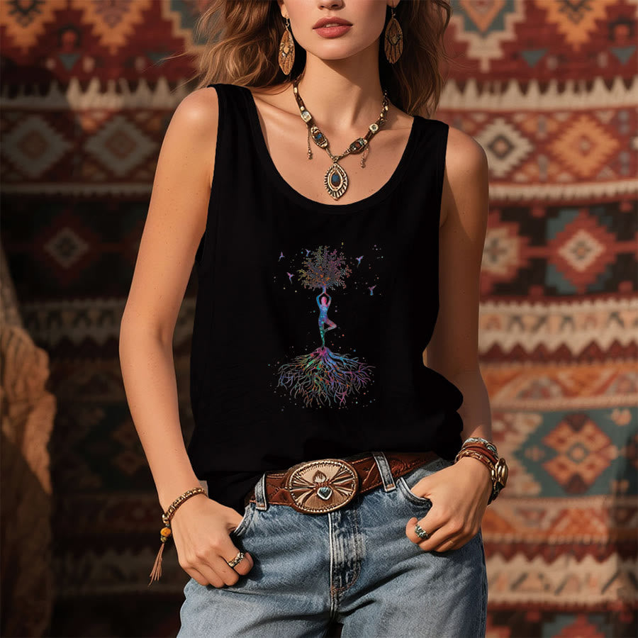 Olivenorma Tree Pose Soul Watercolor Yoga Figure with Hummingbirds Women's Tank - image 1
