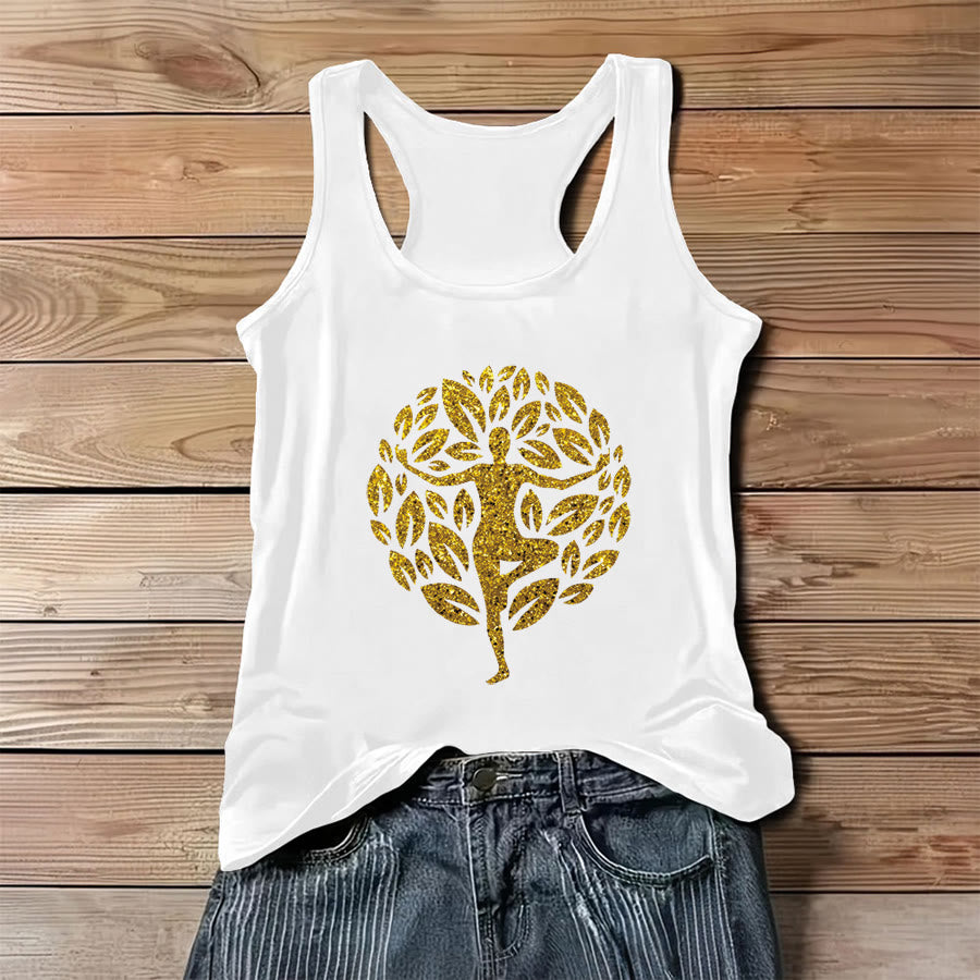 Olivenorma Golden Tree Pose Glitter Yoga Woman Tree of Life Women's Tank - White - 3XL - image 2