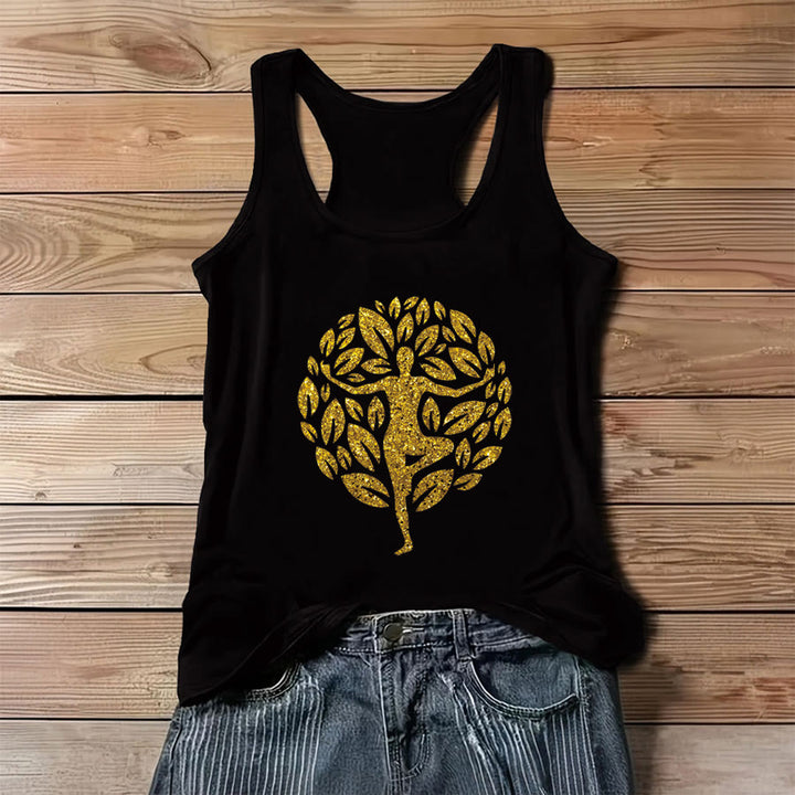 Olivenorma Golden Tree Pose Glitter Yoga Woman Tree of Life Women's Tank - Black - 3XL - image 4