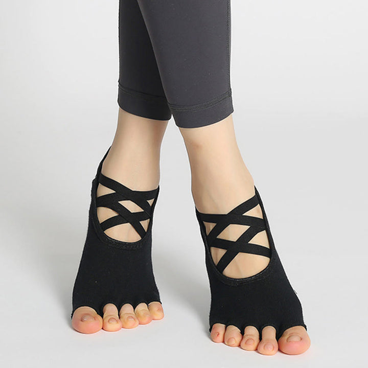 Olivenorma Enhanced Traction Cross-Strap Open-Toe Non-Slip Women's Yoga Socks - Black - 10 Pairs - image 6