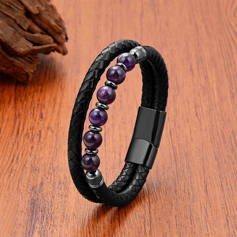 Olivenorma Ethnic Inspired Double Braided Leather & Natural Stone Bracelet - Amethyst Gunmetal Clasp - 23cm - image 0