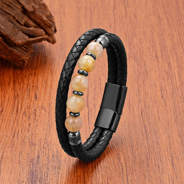 Olivenorma Ethnic Inspired Double Braided Leather & Natural Stone Bracelet - Gold Rutilated Quartz Gunmetal Clasp - 23cm - image 2