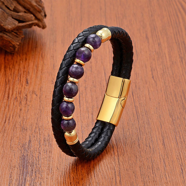 Olivenorma Ethnic Inspired Double Braided Leather & Natural Stone Bracelet - Amethyst Gold Clasp - 23cm - image 4