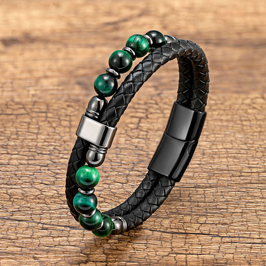 Olivenorma Casual Everyday Wear Braided Leather & Natural Stone Bracelet - Green Tiger Eye - 23cm - image 9