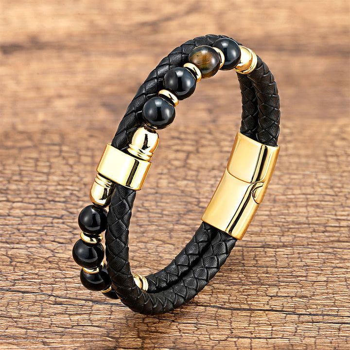 Olivenorma Casual Everyday Wear Braided Leather & Natural Stone Bracelet - Black Onyx & Tiger Eye - 23cm - image 2