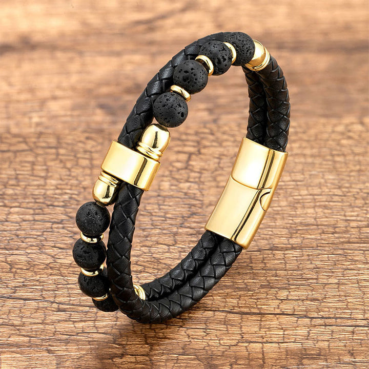 Olivenorma Casual Everyday Wear Braided Leather & Natural Stone Bracelet - Lava Stone - 23cm - image 3