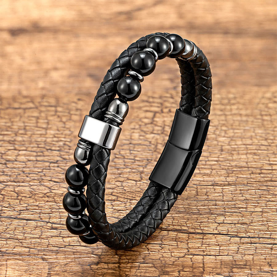 Olivenorma Casual Everyday Wear Braided Leather & Natural Stone Bracelet - Black Onyx&Black - 23cm - image 0