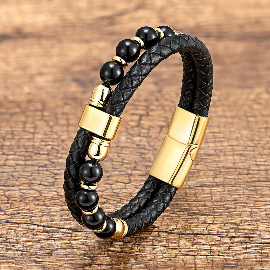 Olivenorma Casual Everyday Wear Braided Leather & Natural Stone Bracelet - Black Onyx & Tiger Eye - 21cm - image 8
