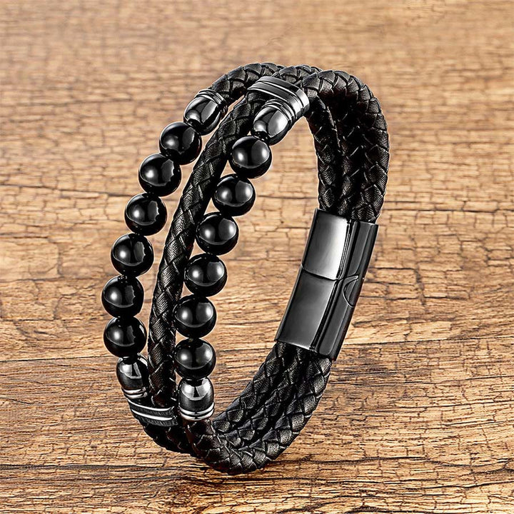 Olivenorma Double Braided Leather & Tiger Eye Natural Stone Beaded Stackable Bracelet - Black Onyx - 23cm - image 10