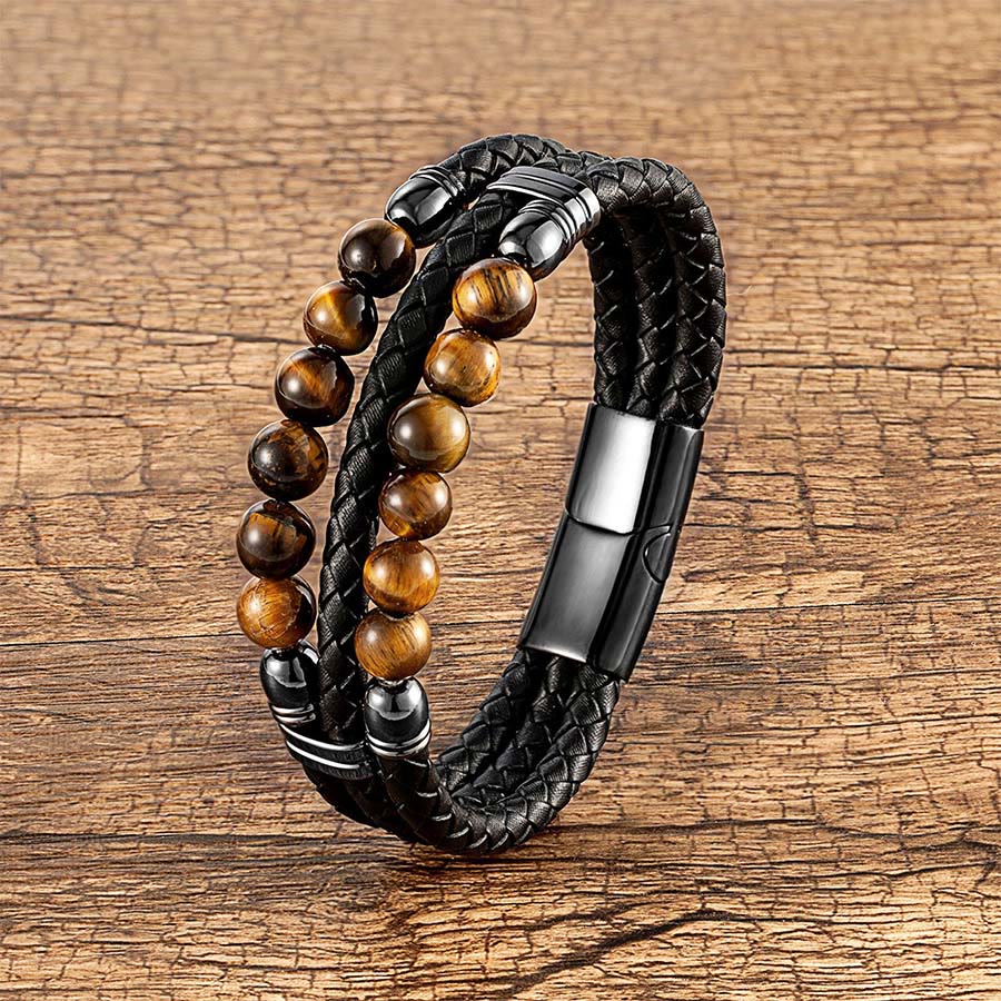 Olivenorma Double Braided Leather & Tiger Eye Natural Stone Beaded Stackable Bracelet - Tiger Eye - 23cm - image 0