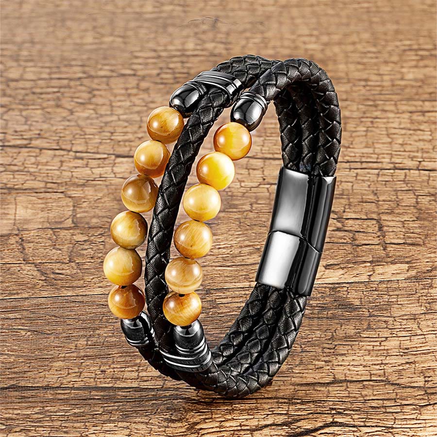 Olivenorma Double Braided Leather & Tiger Eye Natural Stone Beaded Stackable Bracelet - Yellow Tiger Eye - 23cm - image 3