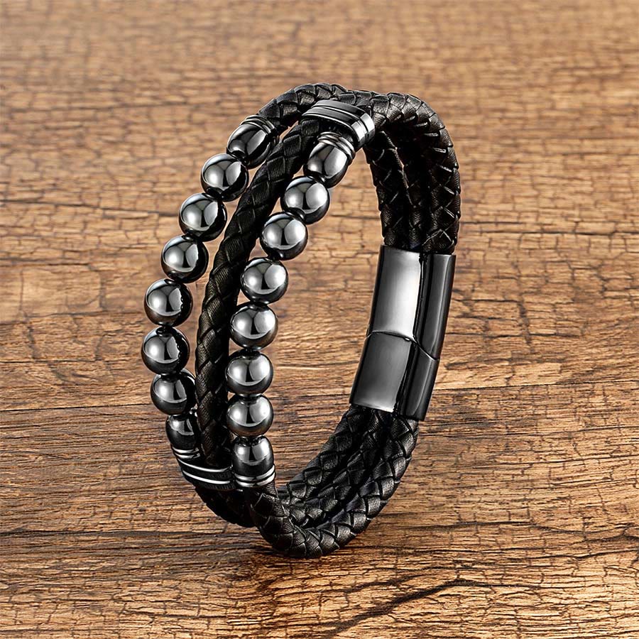 Olivenorma Double Braided Leather & Tiger Eye Natural Stone Beaded Stackable Bracelet - Hematite - 23cm - image 4
