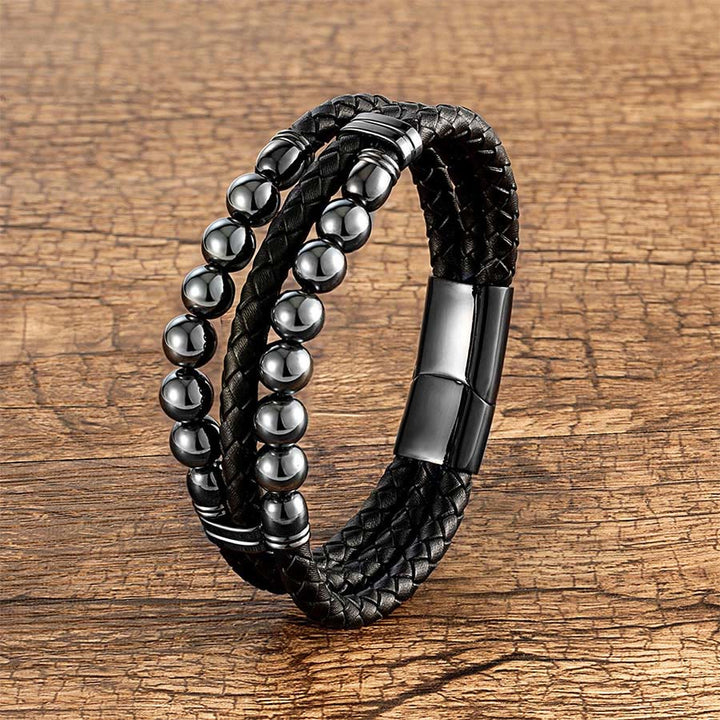 Olivenorma Double Braided Leather & Tiger Eye Natural Stone Beaded Stackable Bracelet - Hematite - 23cm - image 4