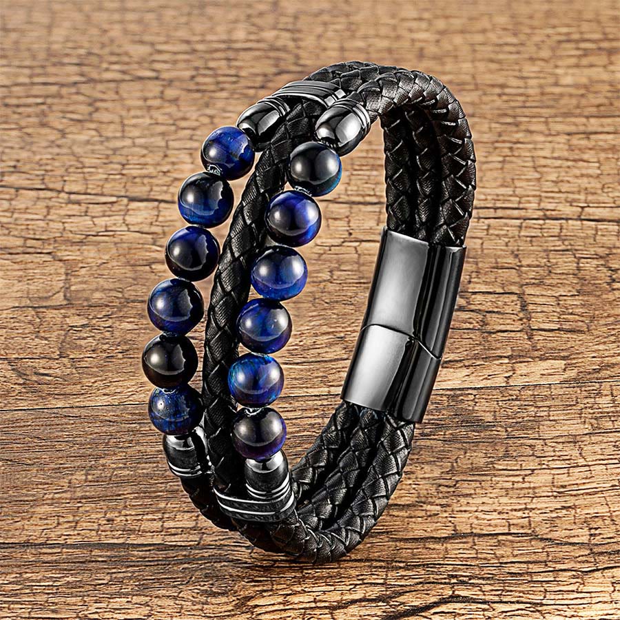 Olivenorma Double Braided Leather & Tiger Eye Natural Stone Beaded Stackable Bracelet - Blue Tiger Eye - 23cm - image 1