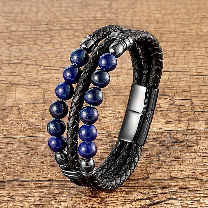 Olivenorma Double Braided Leather & Tiger Eye Natural Stone Beaded Stackable Bracelet - Lapis Lazuli - 23cm - image 12