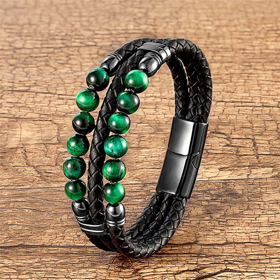 Olivenorma Double Braided Leather & Tiger Eye Natural Stone Beaded Stackable Bracelet - Green Tiger Eye - 23cm - image 11