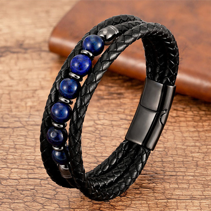 Olivenorma Premium Quality Braided Leather & Nature Stone Magnetic Clasp Bracelet - Lapis Lazuli - 23cm - image 6