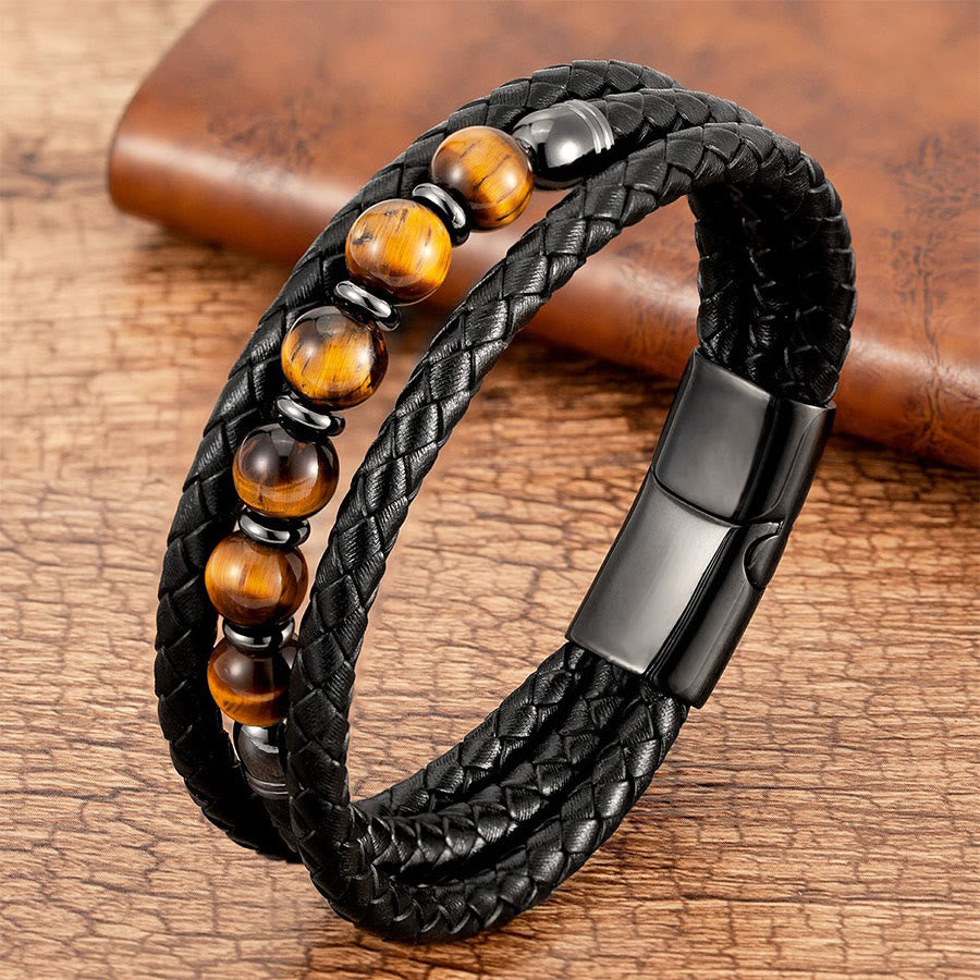 Olivenorma Premium Quality Braided Leather & Nature Stone Magnetic Clasp Bracelet - Tiger Eye - 23cm - image 1