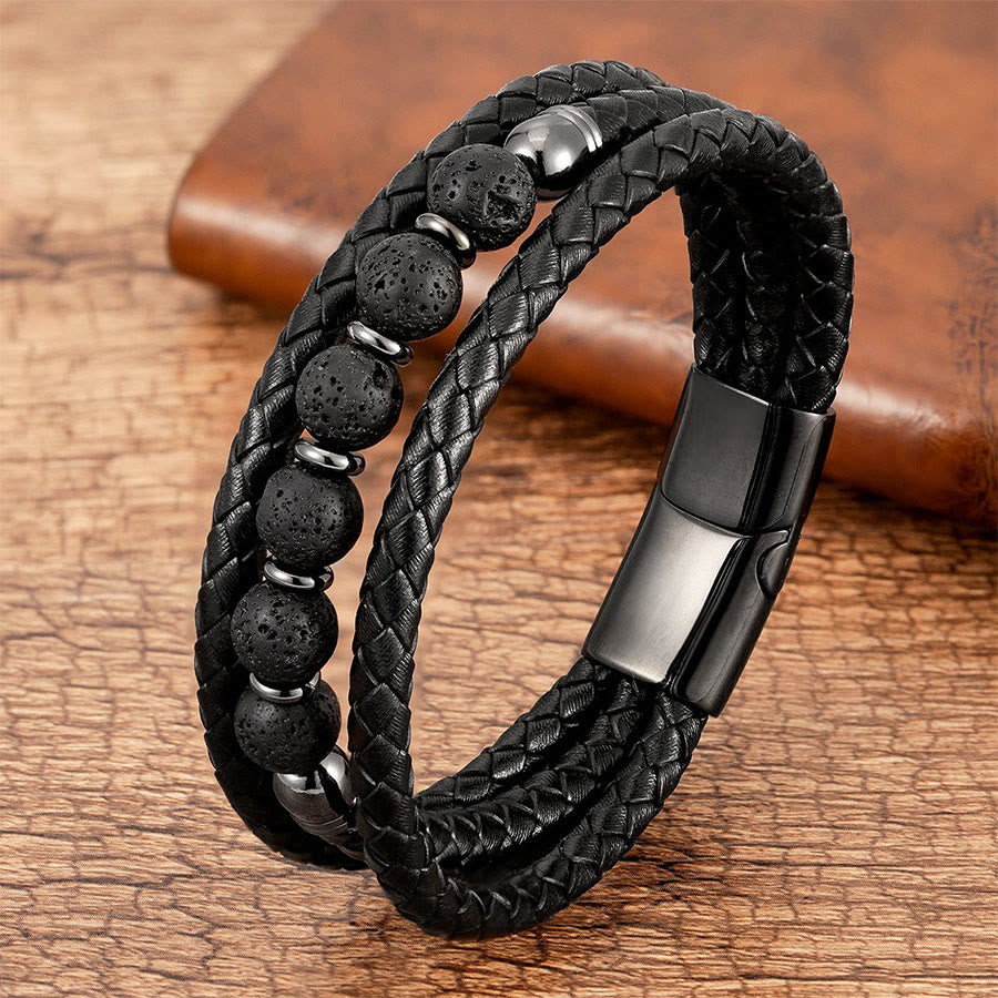Olivenorma Premium Quality Braided Leather & Nature Stone Magnetic Clasp Bracelet - Lava Stone - 23cm - image 10