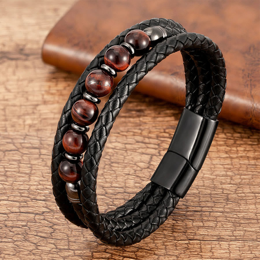 Olivenorma Premium Quality Braided Leather & Nature Stone Magnetic Clasp Bracelet - Red Tiger Eye - 23cm - image 3