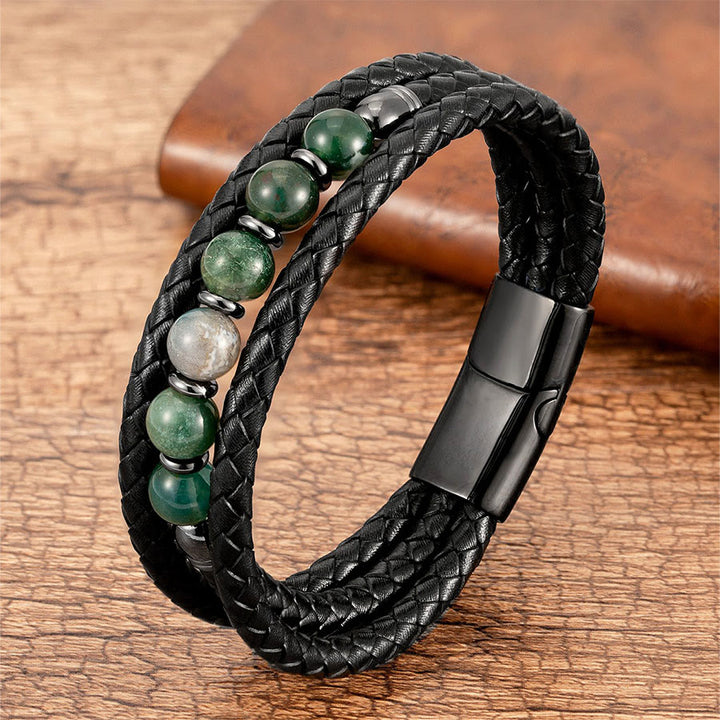 Olivenorma Premium Quality Braided Leather & Nature Stone Magnetic Clasp Bracelet - Moss Agate - 23cm - image 12