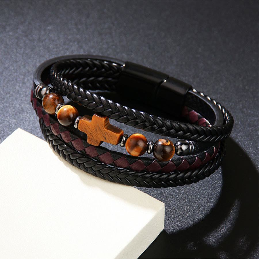 Olivenorma Timeless Braided Leather & Natural Stone Cross Stacked Bracelet - image 1