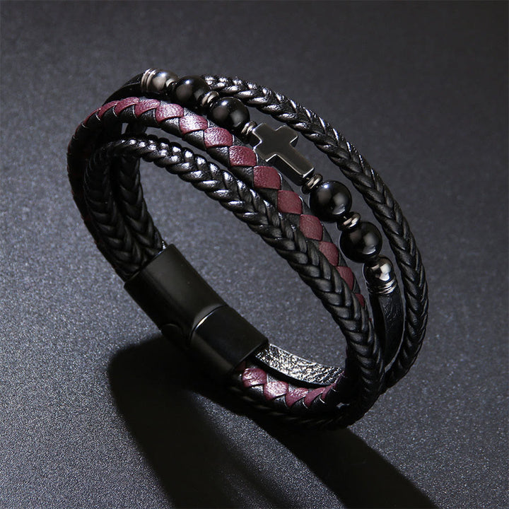 Olivenorma Timeless Braided Leather & Natural Stone Cross Stacked Bracelet - Black Onyx - image 4