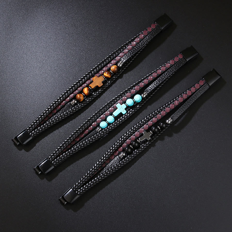 Olivenorma Timeless Braided Leather & Natural Stone Cross Stacked Bracelet - image 9