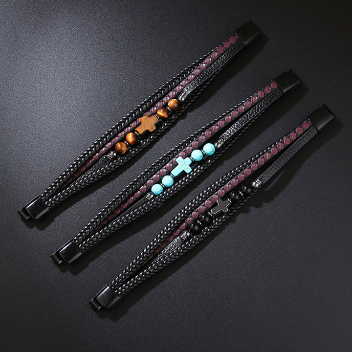 Olivenorma Timeless Braided Leather & Natural Stone Cross Stacked Bracelet - image 9