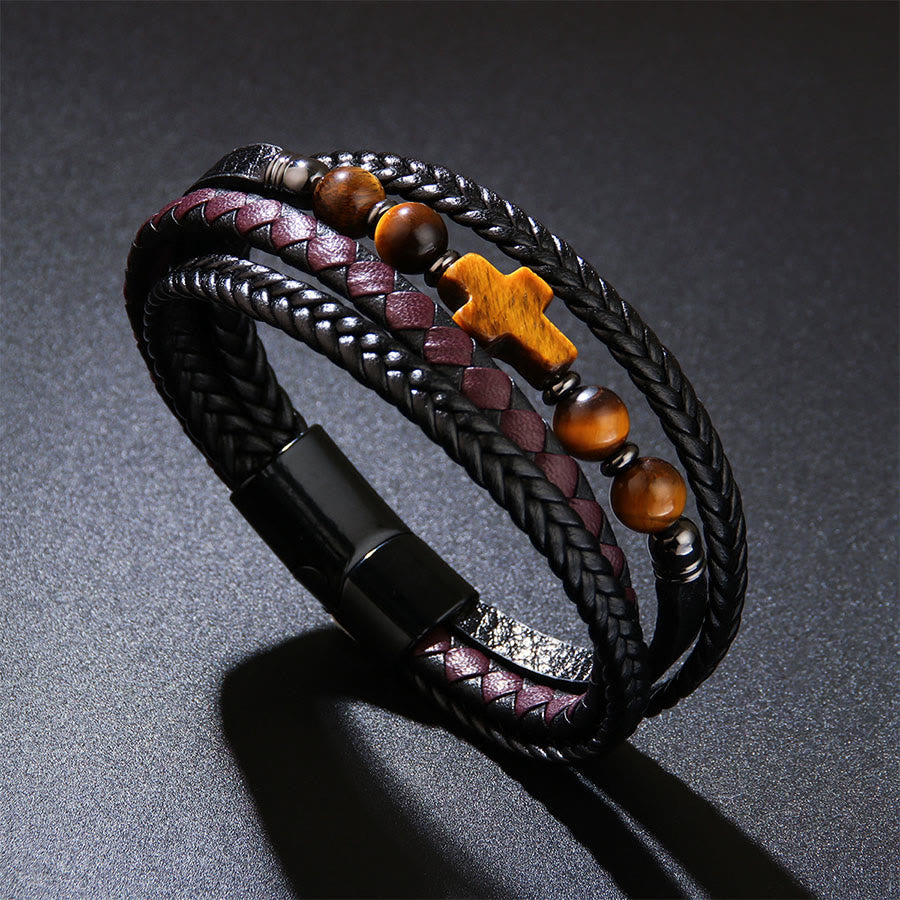 Olivenorma Timeless Braided Leather & Natural Stone Cross Stacked Bracelet - Tiger Eye - image 0