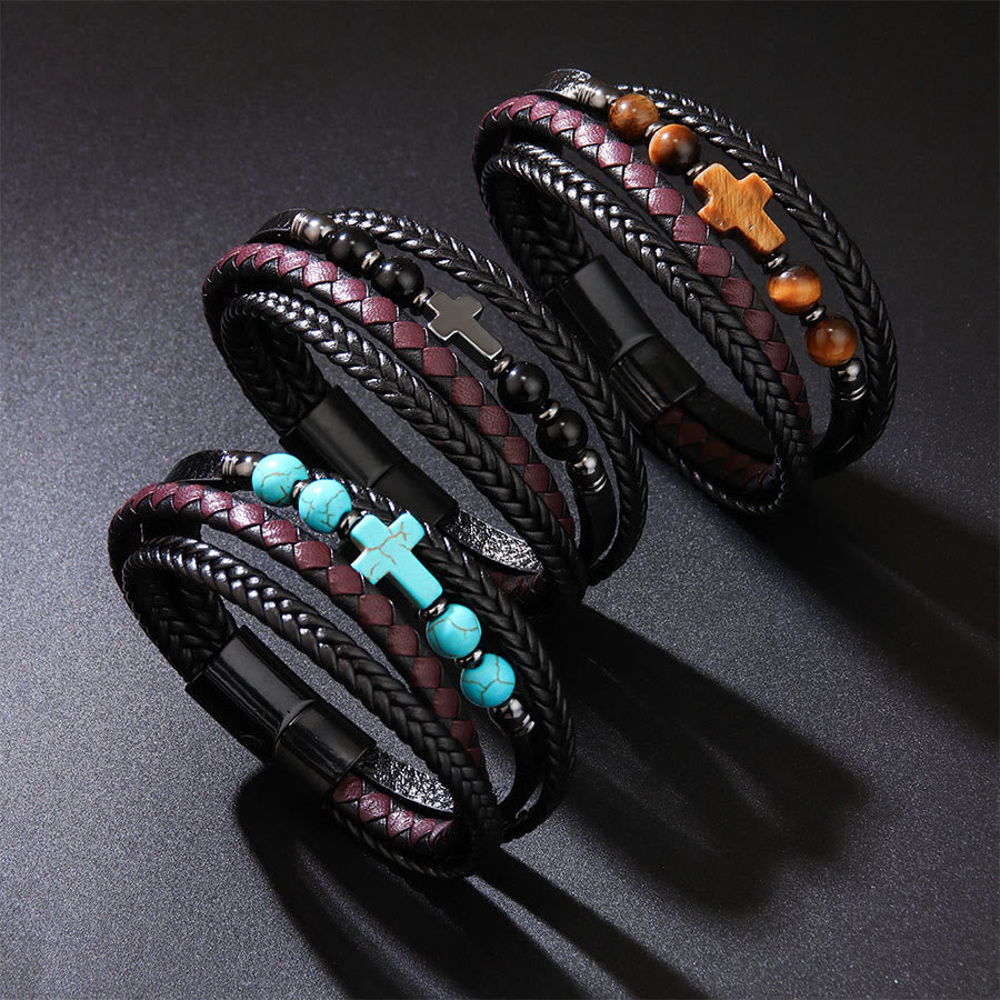 Olivenorma Timeless Braided Leather & Natural Stone Cross Stacked Bracelet - image 8