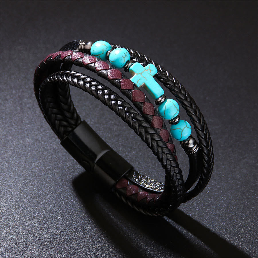 Olivenorma Timeless Braided Leather & Natural Stone Cross Stacked Bracelet - Turquoise - image 7