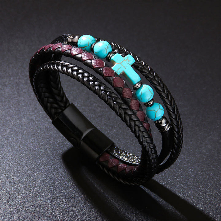 Olivenorma Timeless Braided Leather & Natural Stone Cross Stacked Bracelet - Turquoise - image 7