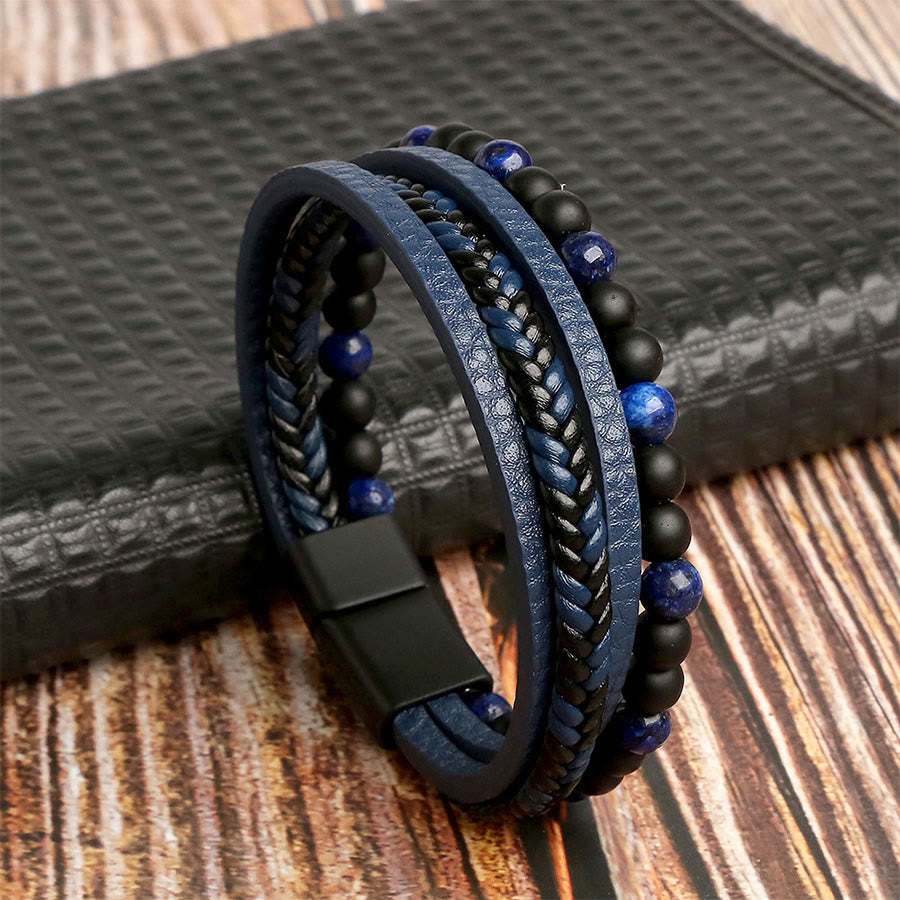 Olivenorma Multi-strand Braided Leather & Natural Stone Stackable Bracelet - Lapis Lazuli - 23cm - image 7