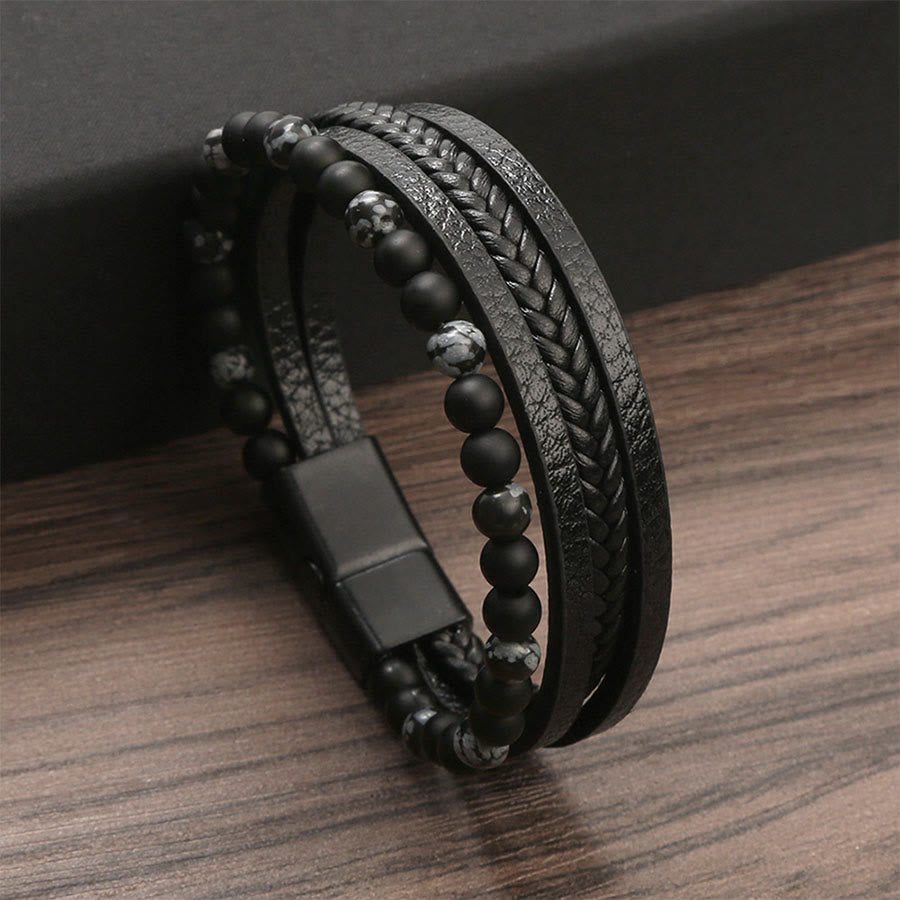 Olivenorma Multi-strand Braided Leather & Natural Stone Stackable Bracelet - Snowflake Obsidian - 23cm - image 9