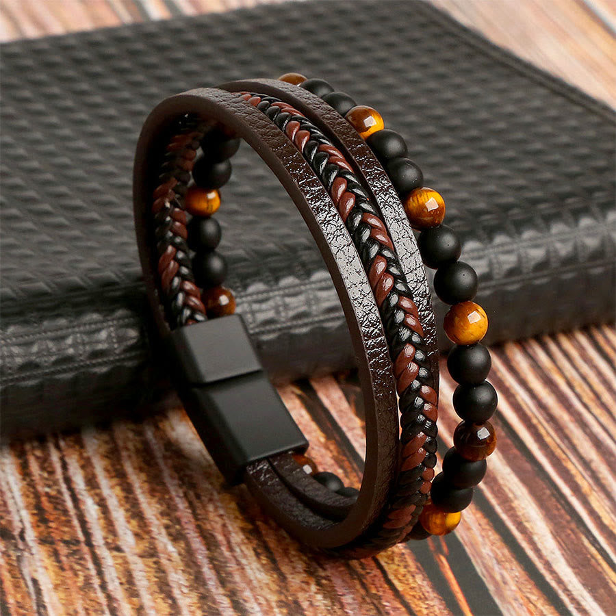 Olivenorma Multi-strand Braided Leather & Natural Stone Stackable Bracelet - Tiger Eye - 23cm - image 0