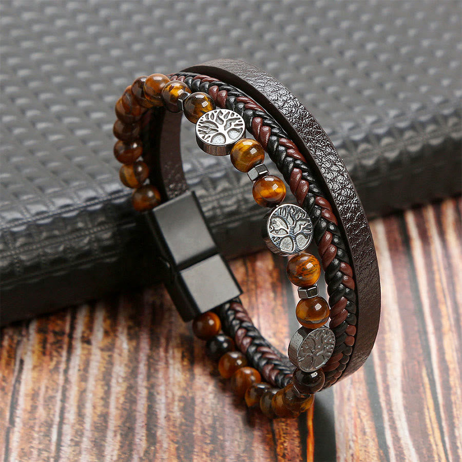 Olivenorma Bohemian Style Braided Leather & Nature Symbol Beaded Bracelet - Tiger Eye - 23cm - image 0