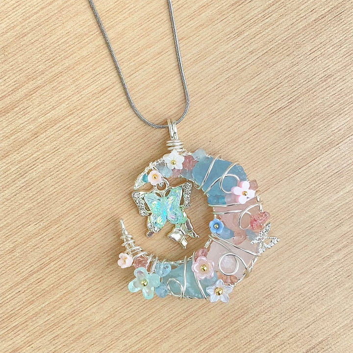 Olivenorma Blue Aquamarine Rose Quartz Crescent Moon Butterfly Floral Necklace - image 3