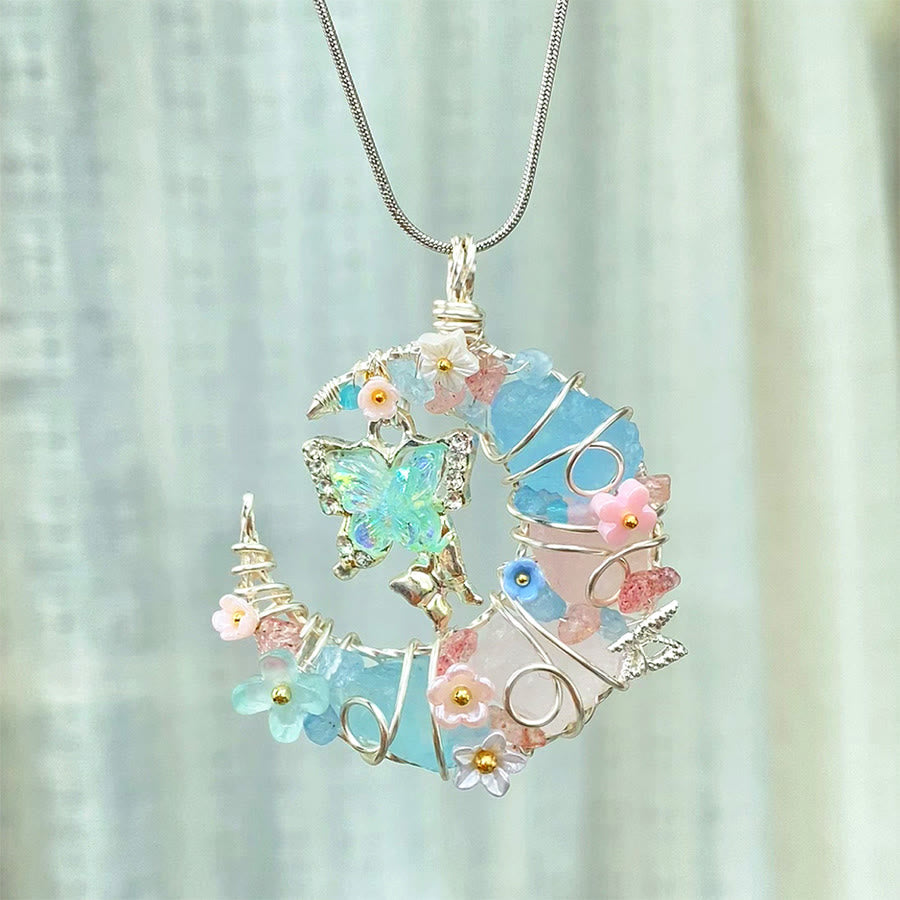 Olivenorma Blue Aquamarine Rose Quartz Crescent Moon Butterfly Floral Necklace - image 1