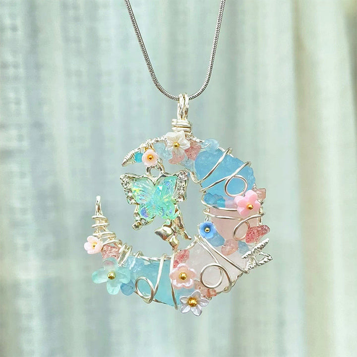 Olivenorma Blue Aquamarine Rose Quartz Crescent Moon Butterfly Floral Necklace - image 1
