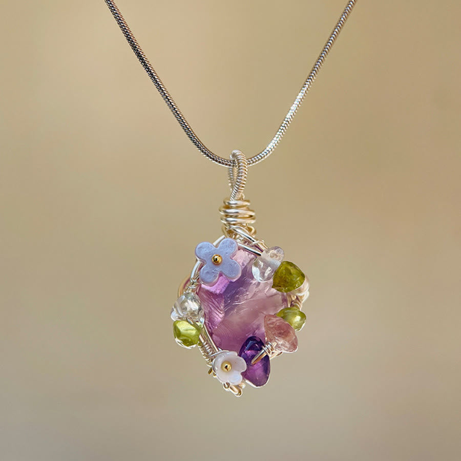 Olivenorma Nature Stone Pendant with Enamel Flowers & Peridot Necklace - Amethyst - image 6