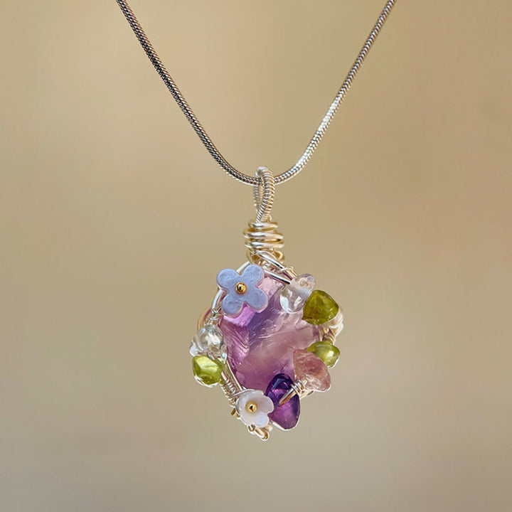 Olivenorma Nature Stone Pendant with Enamel Flowers & Peridot Necklace - Amethyst - image 6